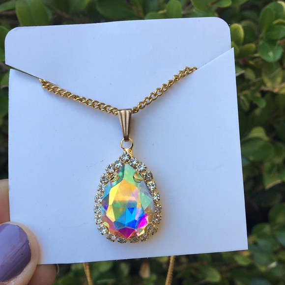 Aurora Borealis Crystal Halo Pear Pendant Necklace - Picture 1 of 6